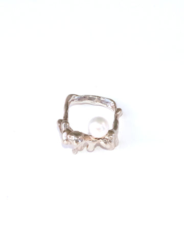 Rectangular Silver Ring with Pearl